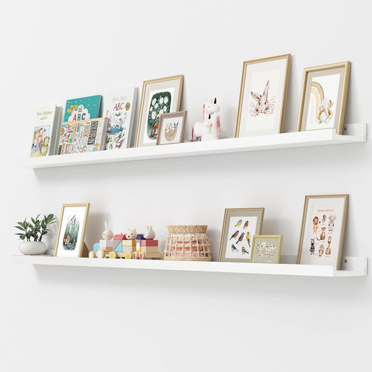 Picture Ledge Shelf, Floating Shelves Set of 2, Solid Pine Wood 72'' Long Large Nursery Book Shelves for Toys Storage, Kids Bookshelf for Living Room Bedroom Decor Books Photo Frames, White