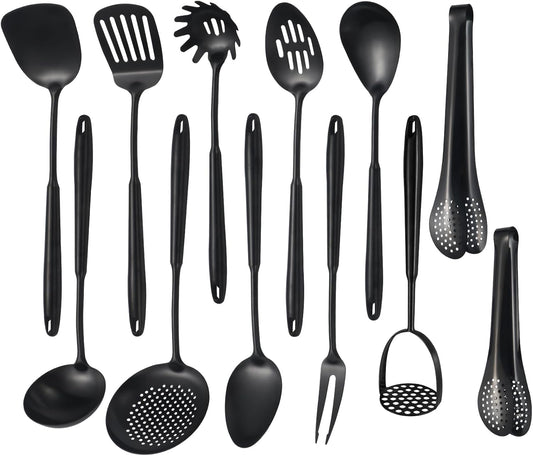 304 Stainlss Steel Matte Kitchen Utensils Set, 12 Pcs Long Metal Cooking Utensil Gadgets Tools Set with Spatula, Ladle, Spoon, Ladle, Skimmer, Tunner, Pasta Server, Tongs(Black, Dishwasher Safe)