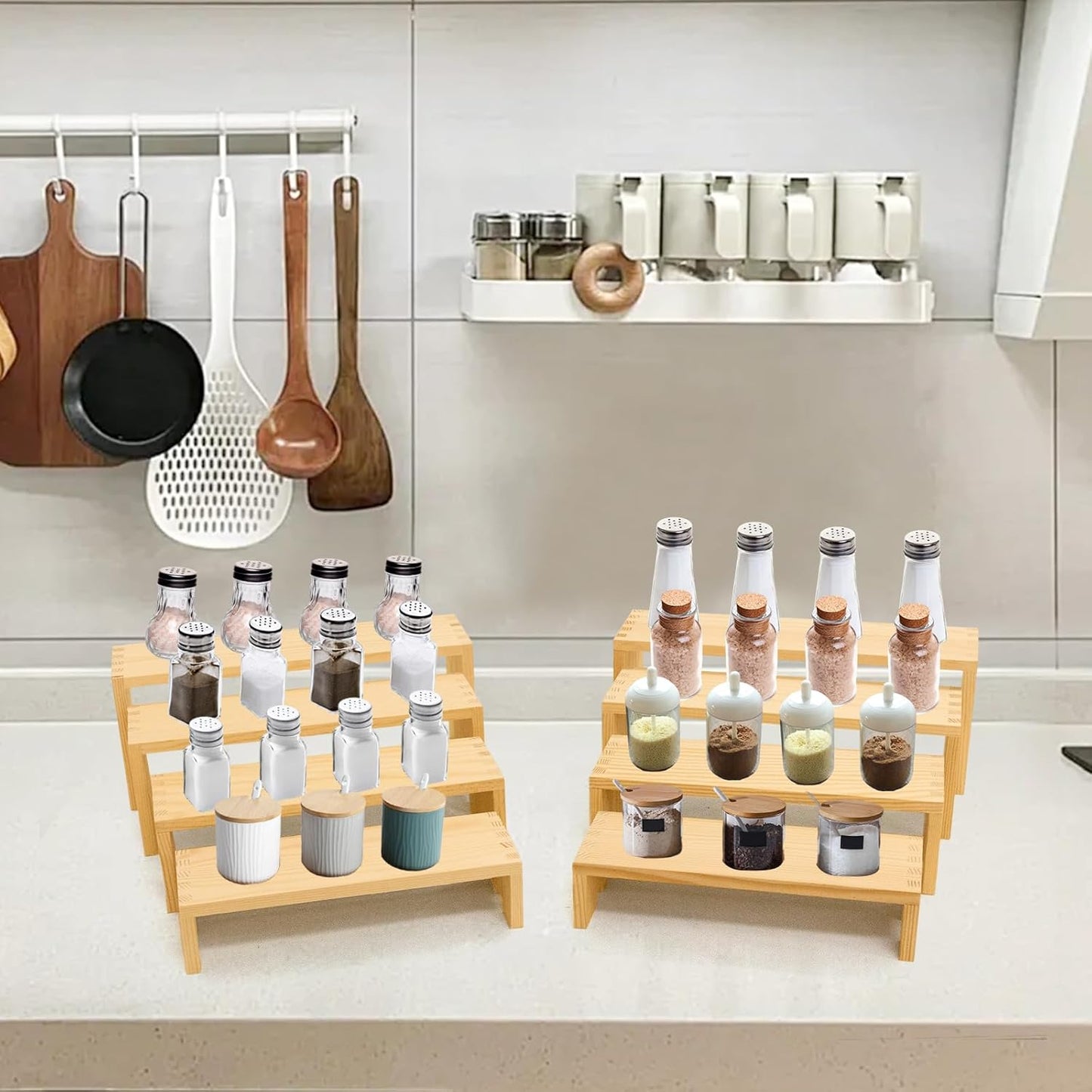 Large Display Wood Risers Wooden Stand 8 Tier Wood Racks Decorative Rectangular, 2 Set 8 Pieces Cupcake Stands Cologne Perfume Organizer Dessert Showcase Items(nature)