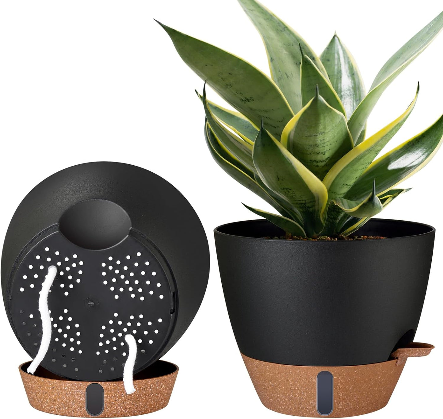 2 Pack 10 inch Plant Pots, PP Plastic Self Watering Plant Pot with Drainage and Tray for Indoor Outdoor Plants , Water Level Window & Reservoir Flower Pots Decorative Planter (Black, 10 Inch)