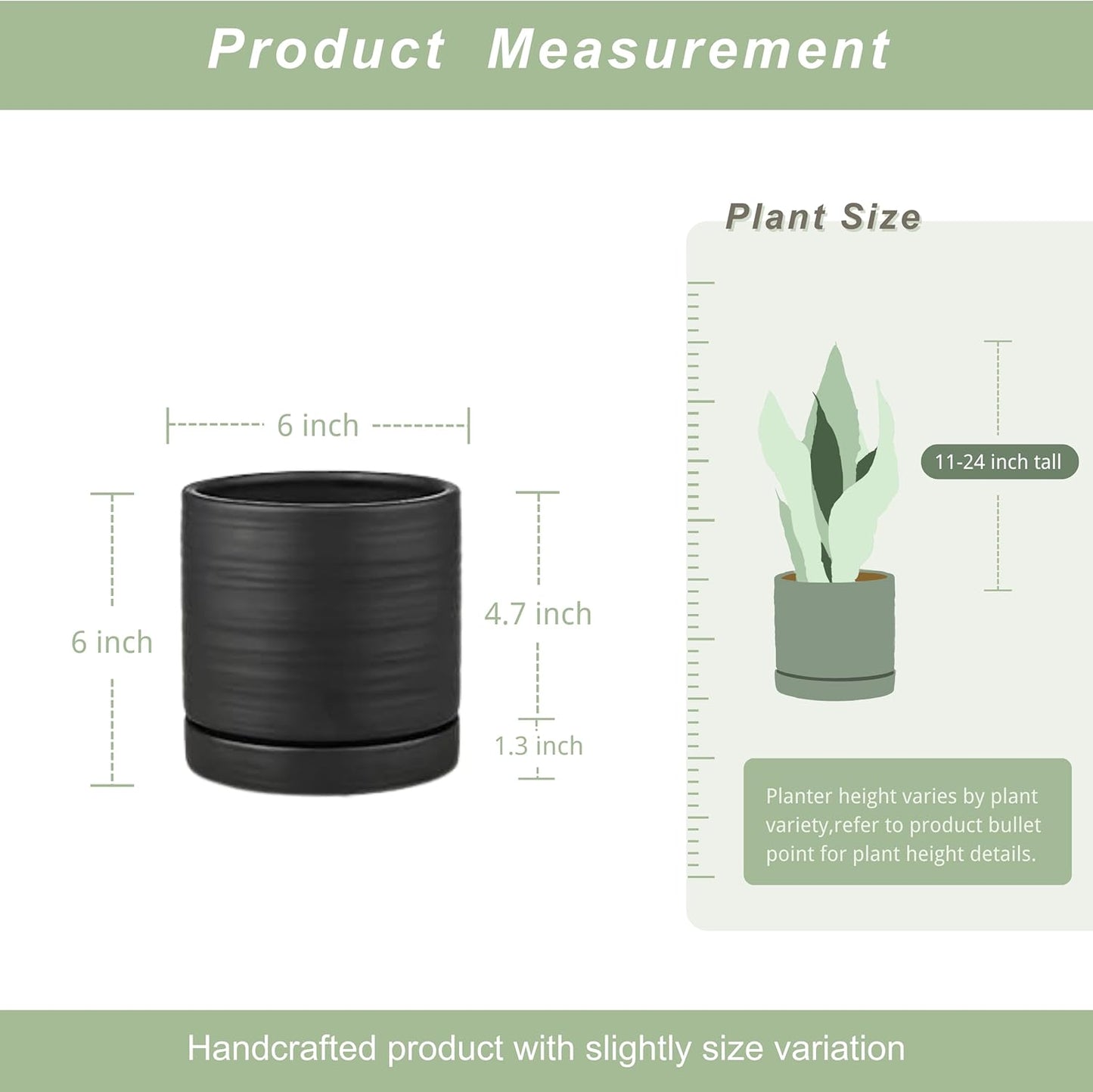 6 Inch Plant Pots, Ceramic Planter Pot with Drainage Hole & Saucer, Indoor/Outdoor Cylinder Round Planter Pot, Matte Black