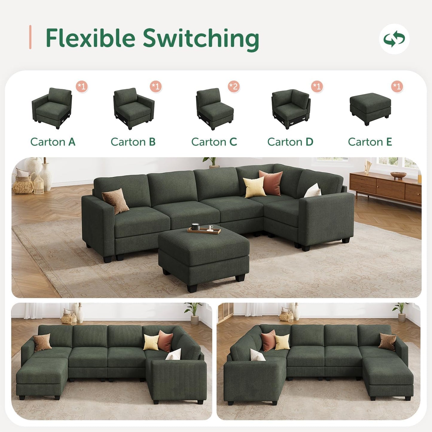 HONBAY U-Shaped Corduroy Sectional Couch with 6 Seaters Modular Sectional Sofa with Storage Sectional Couches for Living Room, Green
