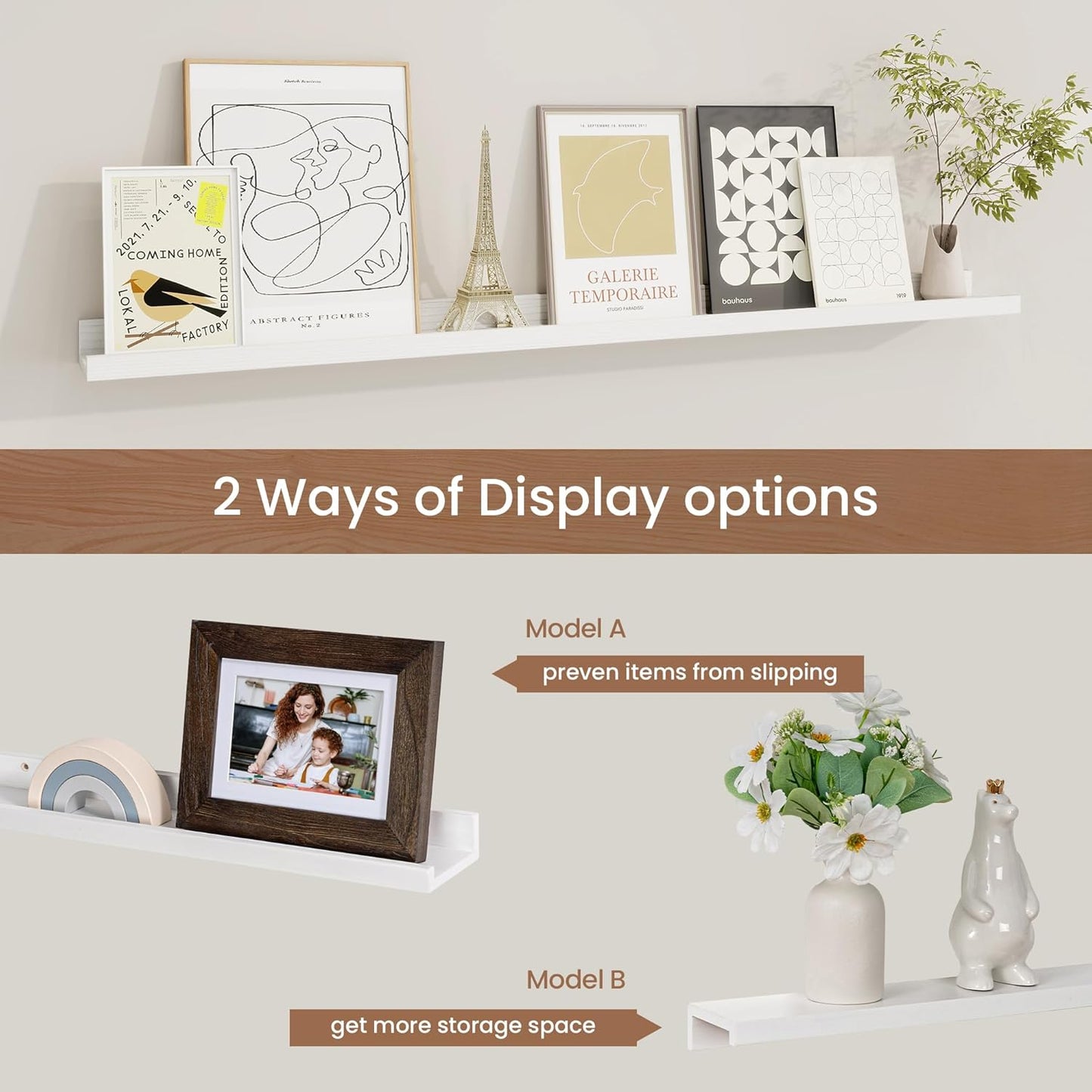 Picture Ledge Shelf, Solid Pine Wood Floating Shelves Set of 2, 40 Inches Nursery Book Shelves for Toys Storage, Kids Bookshelf Wall Mounted for Living Room Bedroom Decor Books Photo Frames, White