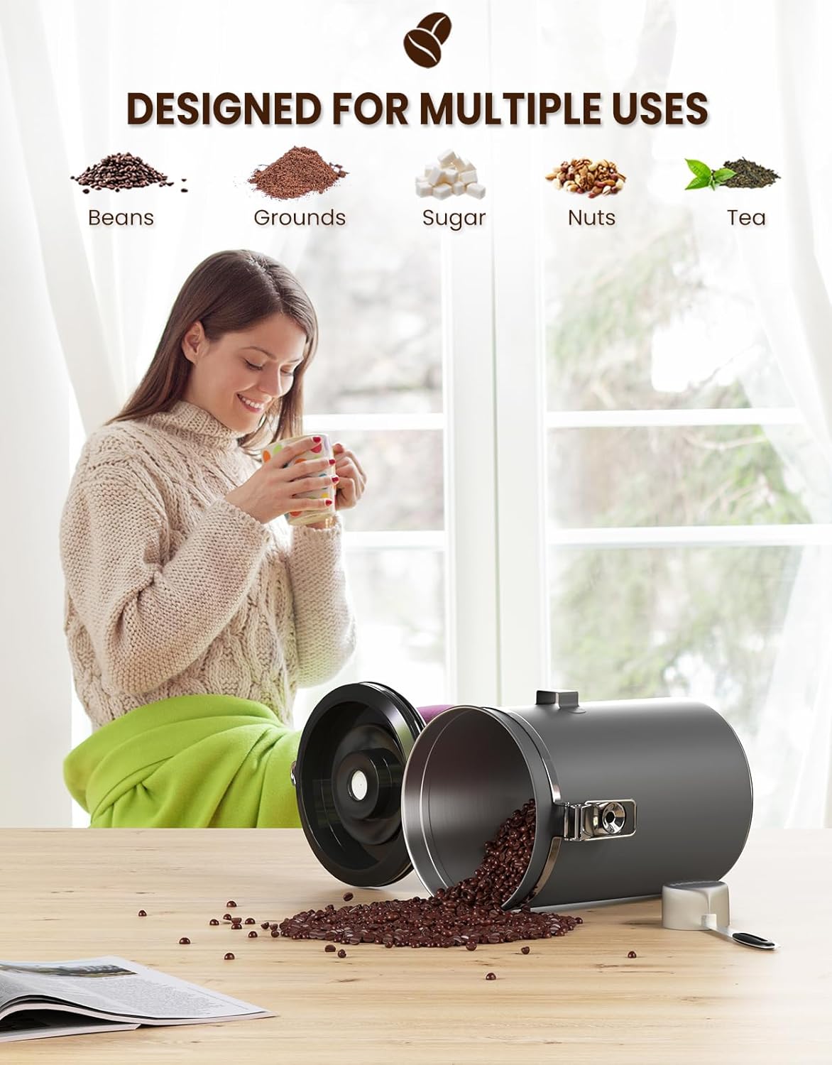 HAIOOU Large Coffee Canister, 38OZ Oversized Stainless Steel Coffee Bean Storage Container with Date Tracker, Measuring Scoop, CO2 Releasing Valves for Beans, Grounds and more - Gray