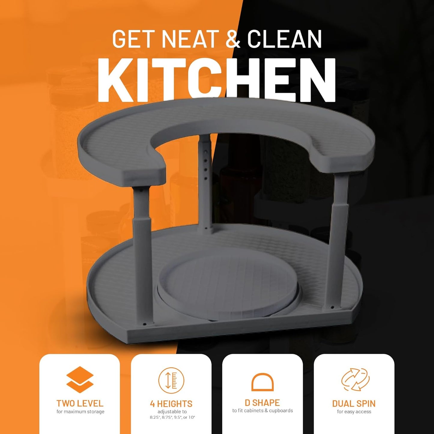 2-Tier Spice Rack Organizer for Cabinet | Rotating Lazy Susan Spice Organizer Holds 40 Spice Jars | Countertop & Pantry Spice Shelf for Kitchen Organization & Storage (Gray)