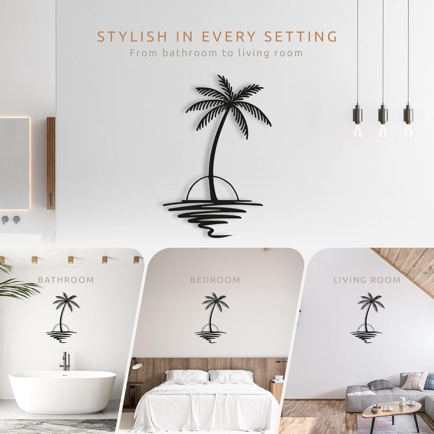 Metal Palm Tree with Sunset Wall Art, Large Outdoor Wall Decor, Tropical Beach Decor for Living Room, Bedroom, Garden Home Wall Sign, Perfect Metal Wall Art for Beach House (Black, 24 x 19 inches)