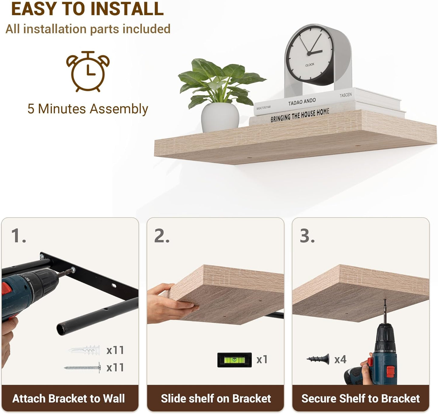 36 Inch Floating Shelves, 3D Textured Wood Grain, 36"x9.25"x1.5" Inch Deep Floating Shelves for Wall, Wooden Shelves for Bathroom, Bedroom, Living Room, Vintage White Oak