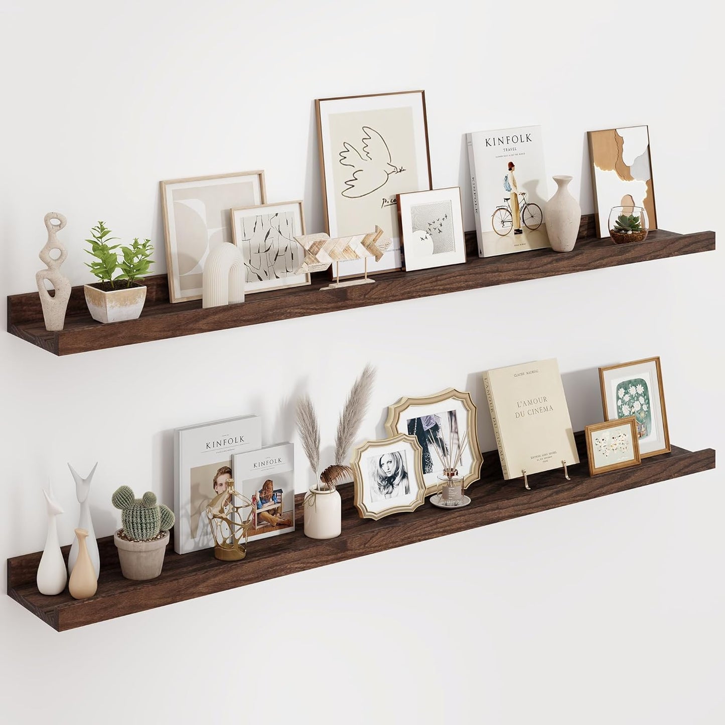 Floating Picture Ledge Shelves 55 Inch Solid Oak Wood Set of 2, Rustic Wall Storage Shelves with Lip, Kids Bookshelf, Photo & Picture Ledge Shelves for Bedroom, Living Room, Kitchen