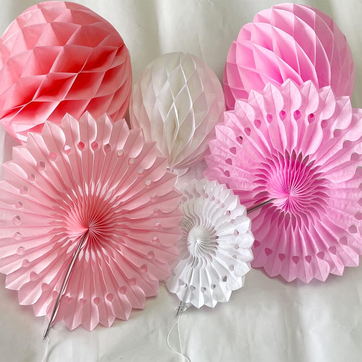 12pcs 6'' 8'' Honeycomb Balls Tissue Paper Fans Party Honeycomb Ball Fans Decorations Tissue Pom Poms Flower Balls Hanging Paper Fans for Party Baby Shower Birthday Wedding Nursery(White Pink kit)