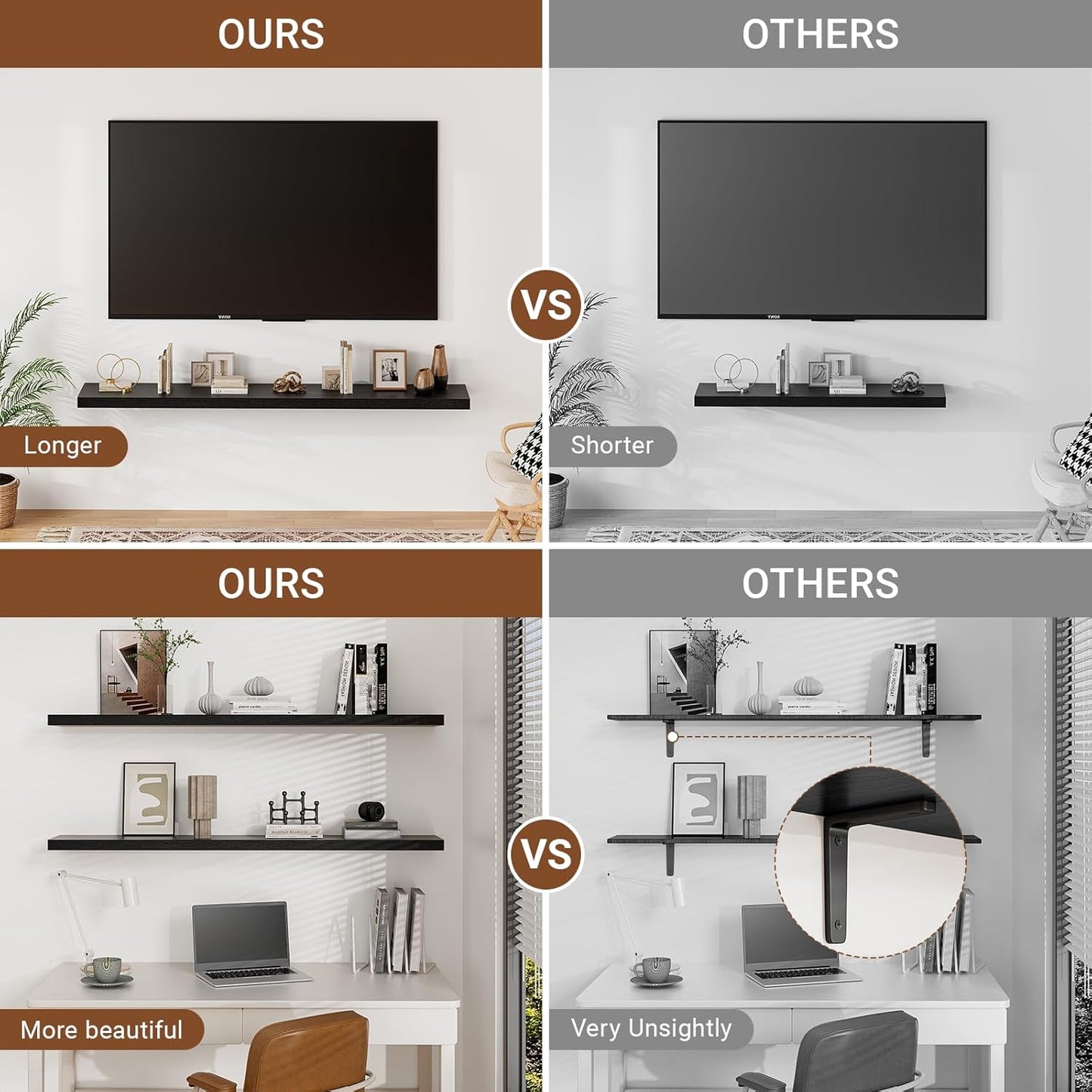 Heimlove 40 Inches Floating Shelves for Wall,9.3" Deep Black Long Floating Shelves Set of 2,Large Display & Storage Shelf,Wall Shelf for Bathroom Bedroom Living Room Kitchen Office