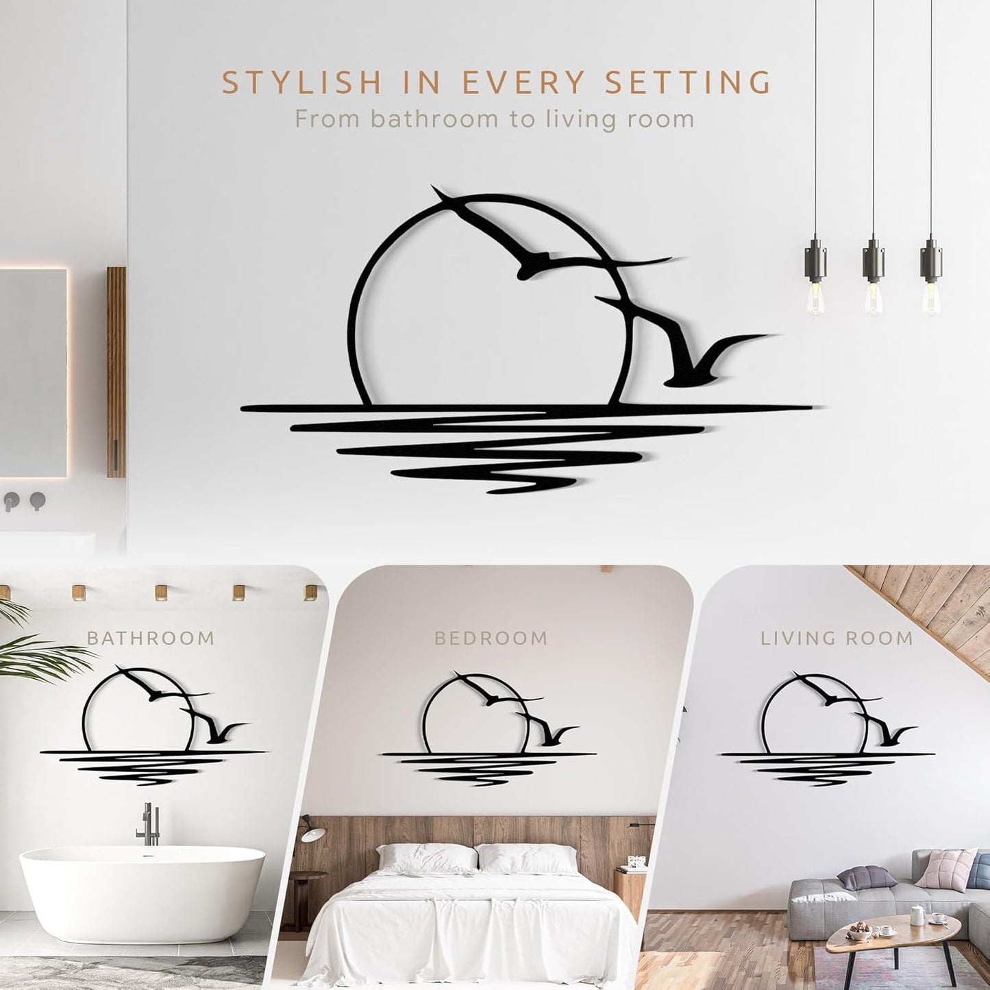 Wita Home Sunset with Seagulls Metal Wall Mounted Art, Handcrafted Metal Home Decor with Static Powder Coating, Eye-Catching Addition to Living Room Decor, Modern Beach Decor for Indoor and Outdoor Spaces, Perfect Housewarming Gift (64 x 32 inches)