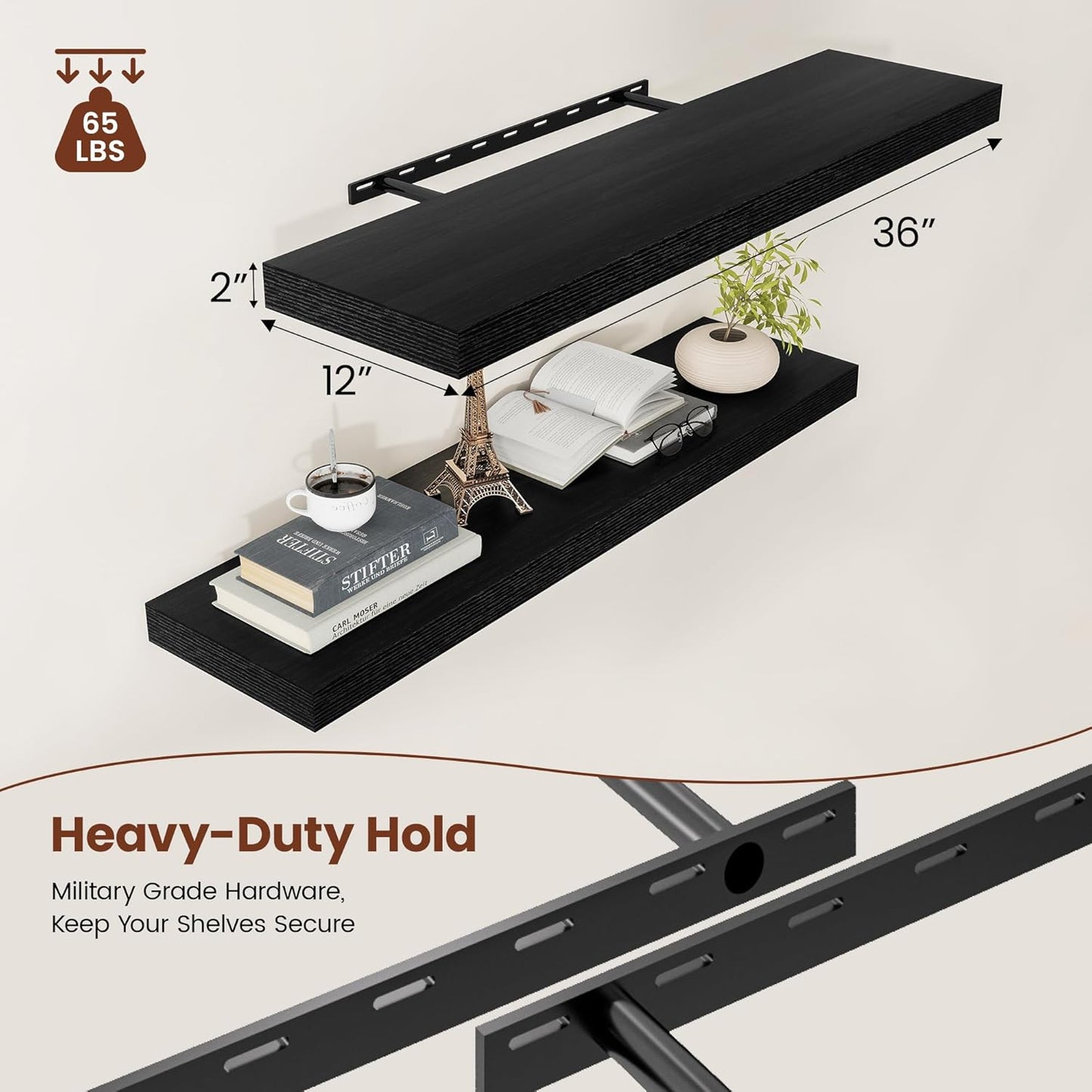 Black Floating Shelves for Wall 36 Inches Long, 12" Deep Wall Shelves 2" Thick, Heavy Duty Shelf for Bedroom, Bathroom, Living Room, Kitchen, Office, Home Decor, Modern Shelf Set of 2, 36" X 12" X 2"