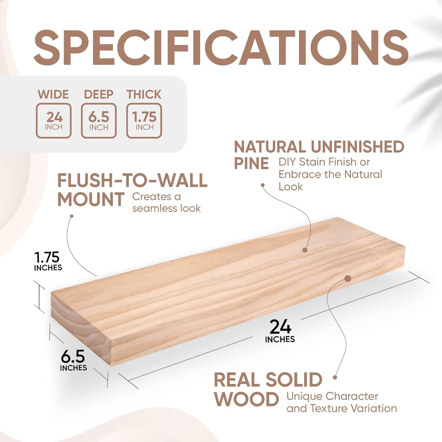 Homeforia 24 inch Wood Floating Shelves, High End Solid Natural Wood 24inch Floating Shelf for Wall, Unfinished Wooden 24 inches Floating Shelves, Heavy Duty Bracket, 24 X 6.5 X 1.75 in, Set of 4