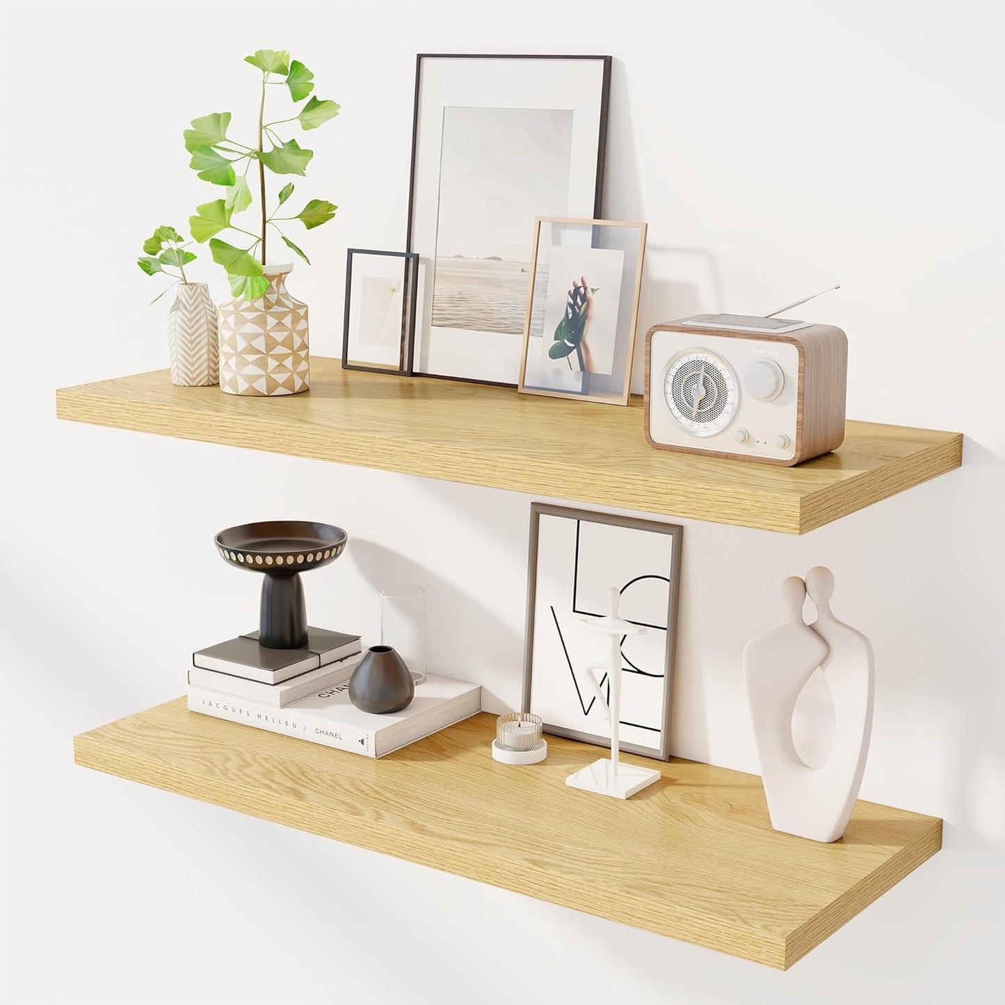 36" Floating Shelves for Wall, 12" Deep Slim Oak Floating Shelves, Wall-Mounted Shelves for Bedroom, Living Room, Kitchen, Bathroom - Set of 2