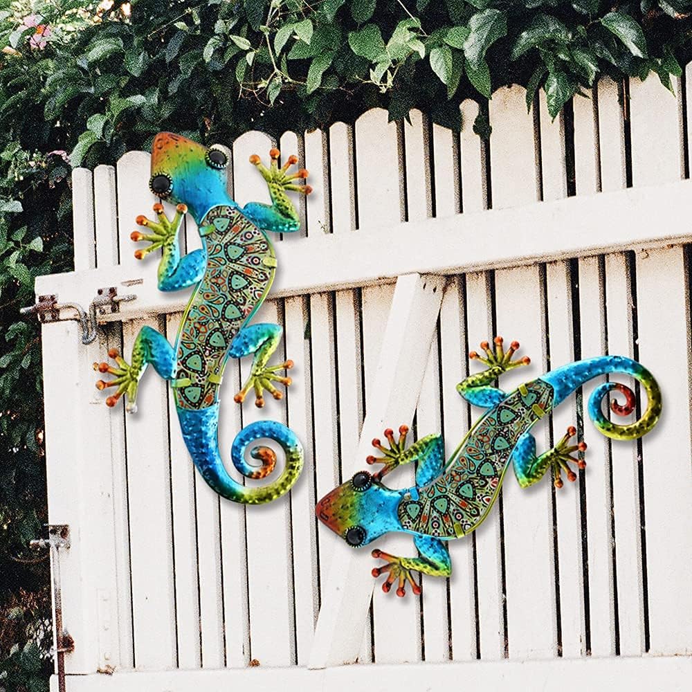 HONGLAND 2Pcs Metal Gecko Wall Decor Lizard Garden Art Color Hanging Glass Sculpture for Indoor Outdoor Patio Fence (Symphony)