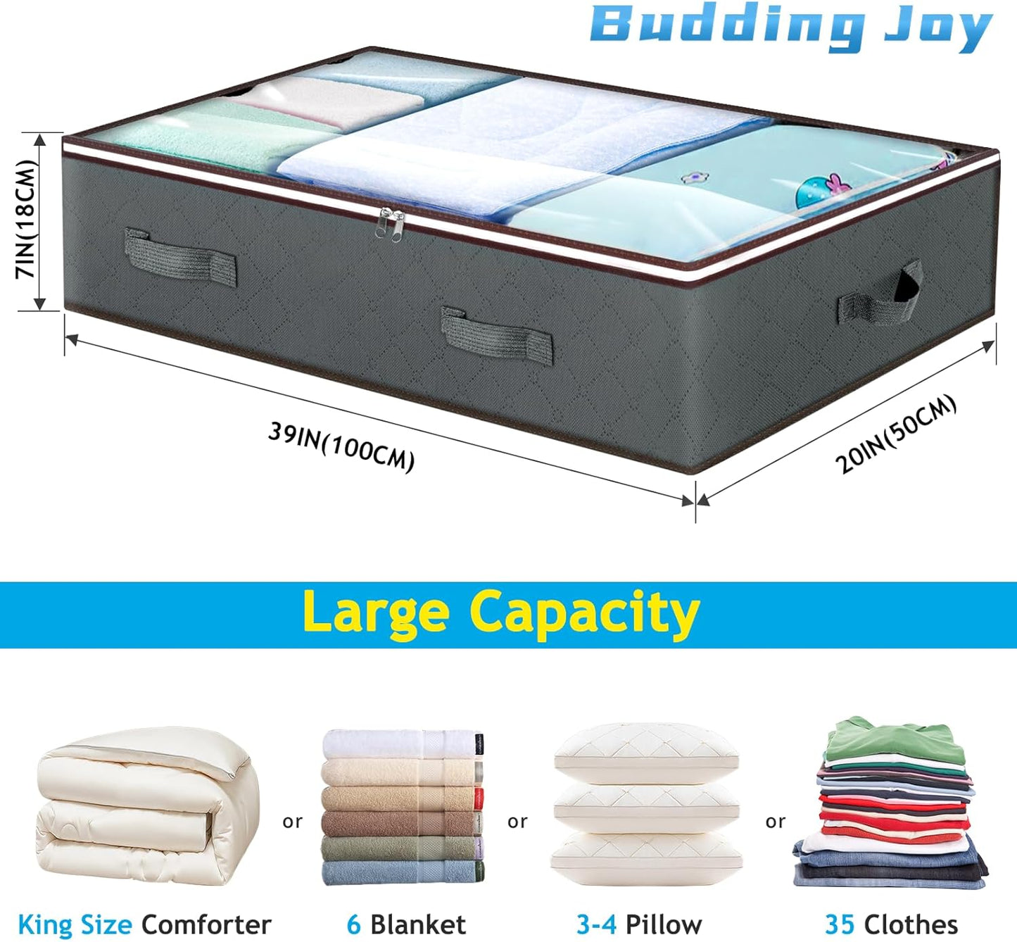 90L Under Bed Storage Containers, Large Capacity Underbed Storage Bags Organizer, Thick Fabric Storage Bins with Clear Window and Reinforced Handles for Blanket Comforter Bedding Clothes, 8 Pack