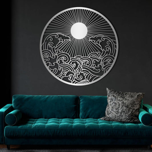 flyoak Metal Sun Wall Decor Outdoor, Sunrise Metal Wall Art, Metal Wave Wall Art, Sunrise and Wave Wall Decor, Sunburst Wall Art, Sunset Wall Art, Wall Hangings for Bedroom (Silver, 19x19in|47x47cm)