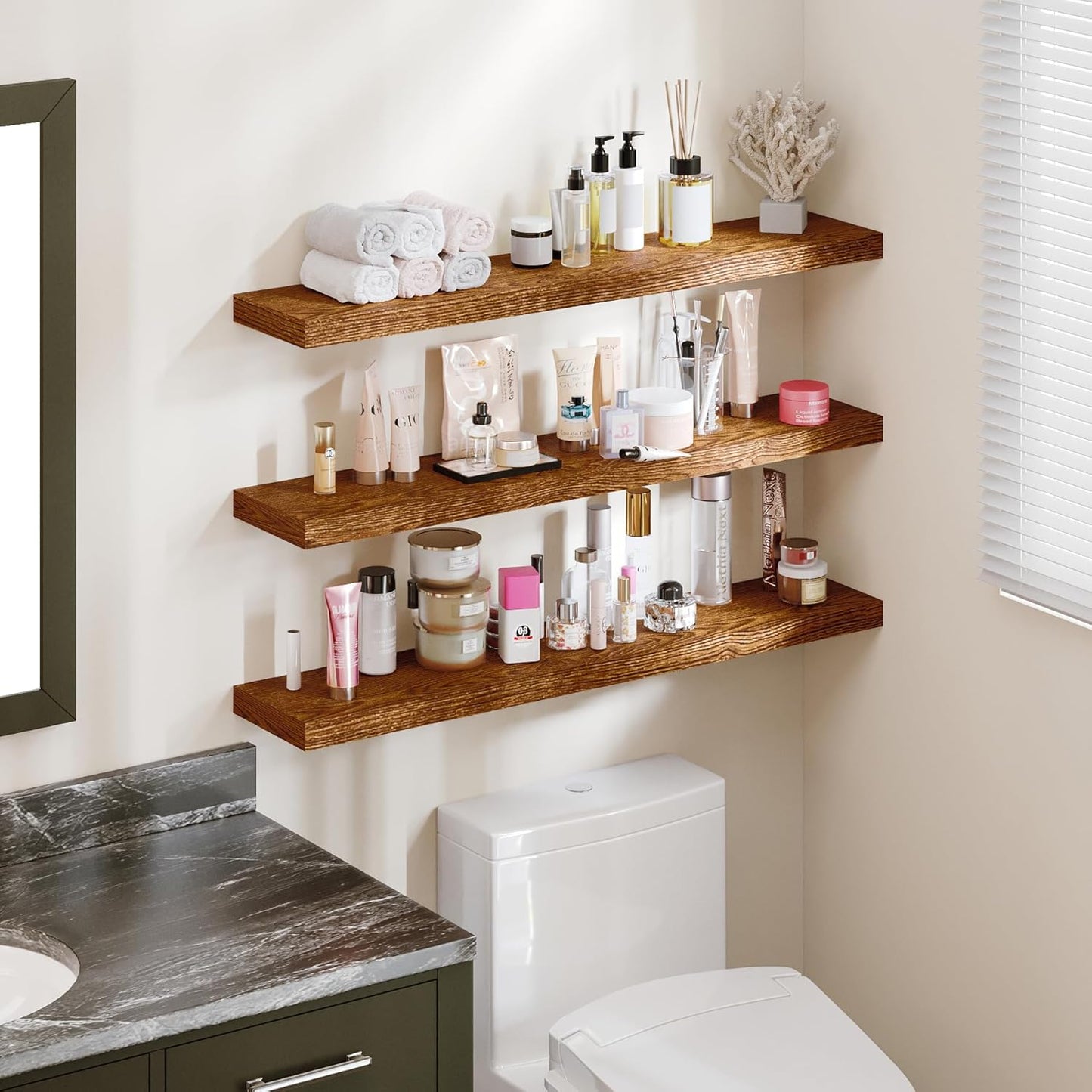 BAMEOS Floating Shelves,40 in W x 8in D Wall Mounted Wooden Shelves with Invisible Brackets Set of 3, Hanging Wall Shelves Decoration for Bedroom, Bathroom, Living Room and Kitchen