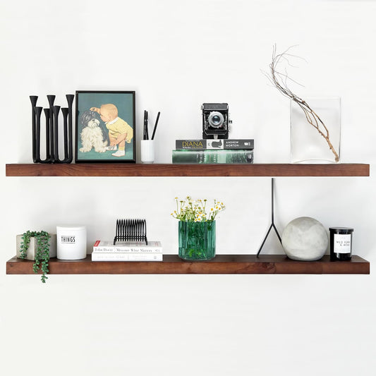 Homeforia 48 inch Walnut Floating Shelf, High End Solid Real Wood Large 48inch Floating Shelves for Wall, Dark Brown 48 inches Long Floating Shelves, Heavy Duty Bracket, 48 X 6.5 X 1.75 inch, Set of 2