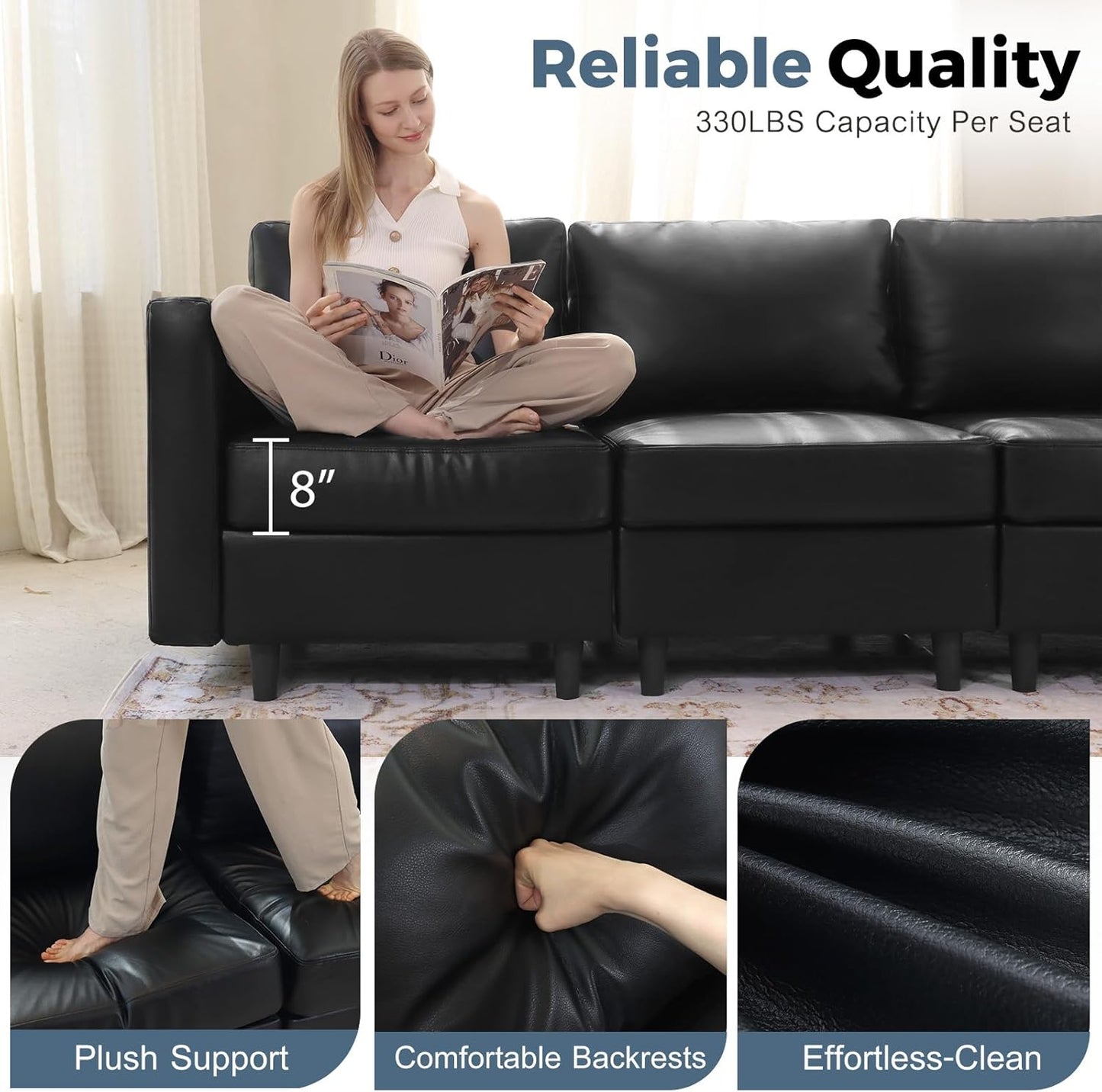 118.5" Faux Leather Modular Sectional Sofa, U Shaped Couch Set for Living Room, Large 8-Seater Comfy Cloud Couches with Storage Seat DIY Combination - Black