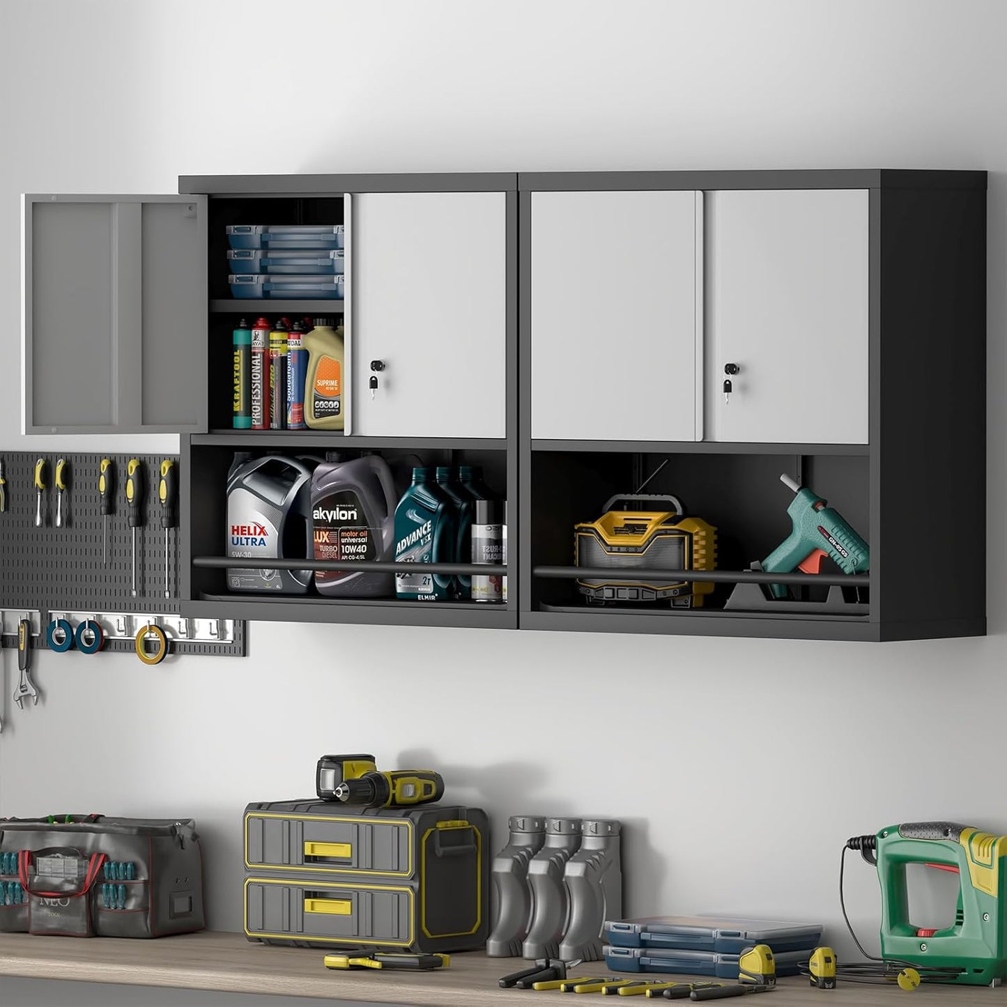 Garage Cabinets,Metal Storage Cabinet with Locking Door,Lockable Wall Mount Cabinet for Storage,Hanging Cabinets for Garage,Kitchen,Office