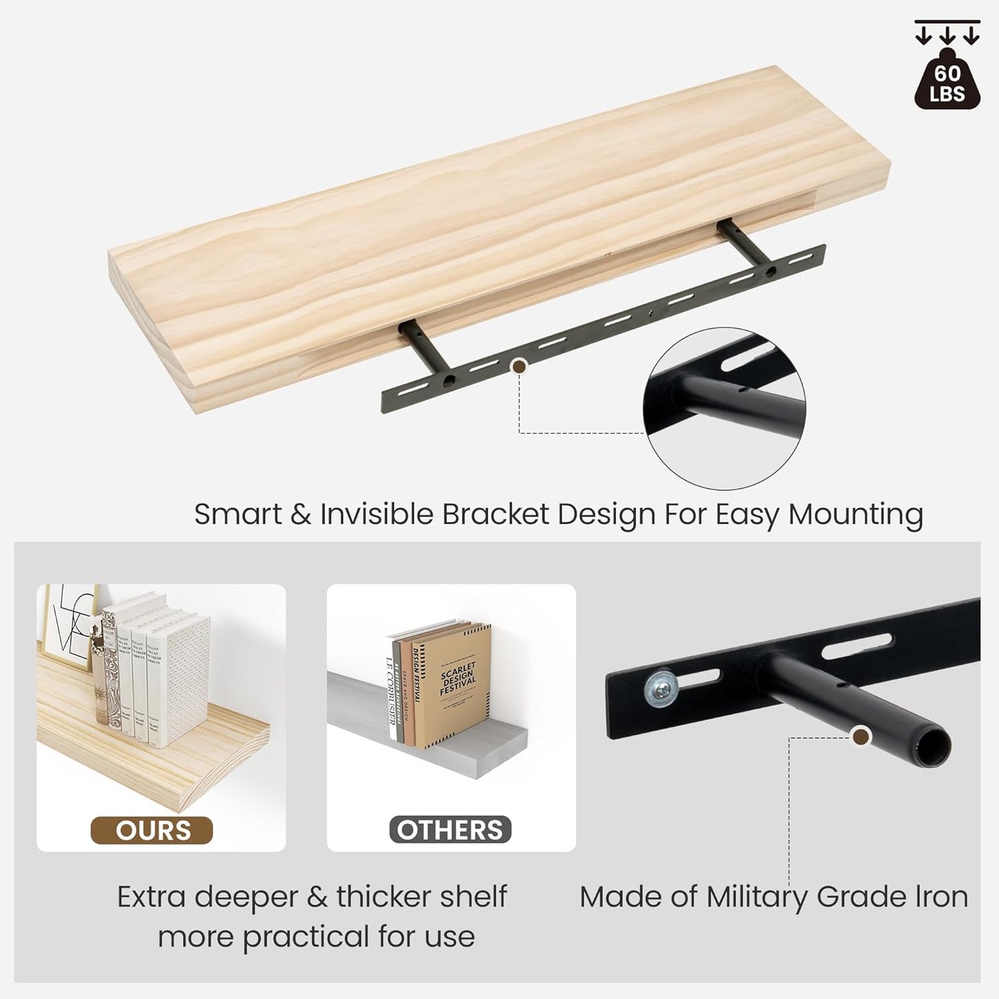 Natural Wood Floating Shelves 24”x 8”x 1.4” Book Shelf Floating for Wall Mounted, Heavy Duty Shelf Hold 60 lbs, Unfinished Wall Shelves for Bathroom, Living Room, Kitchen, Bedroom, Office