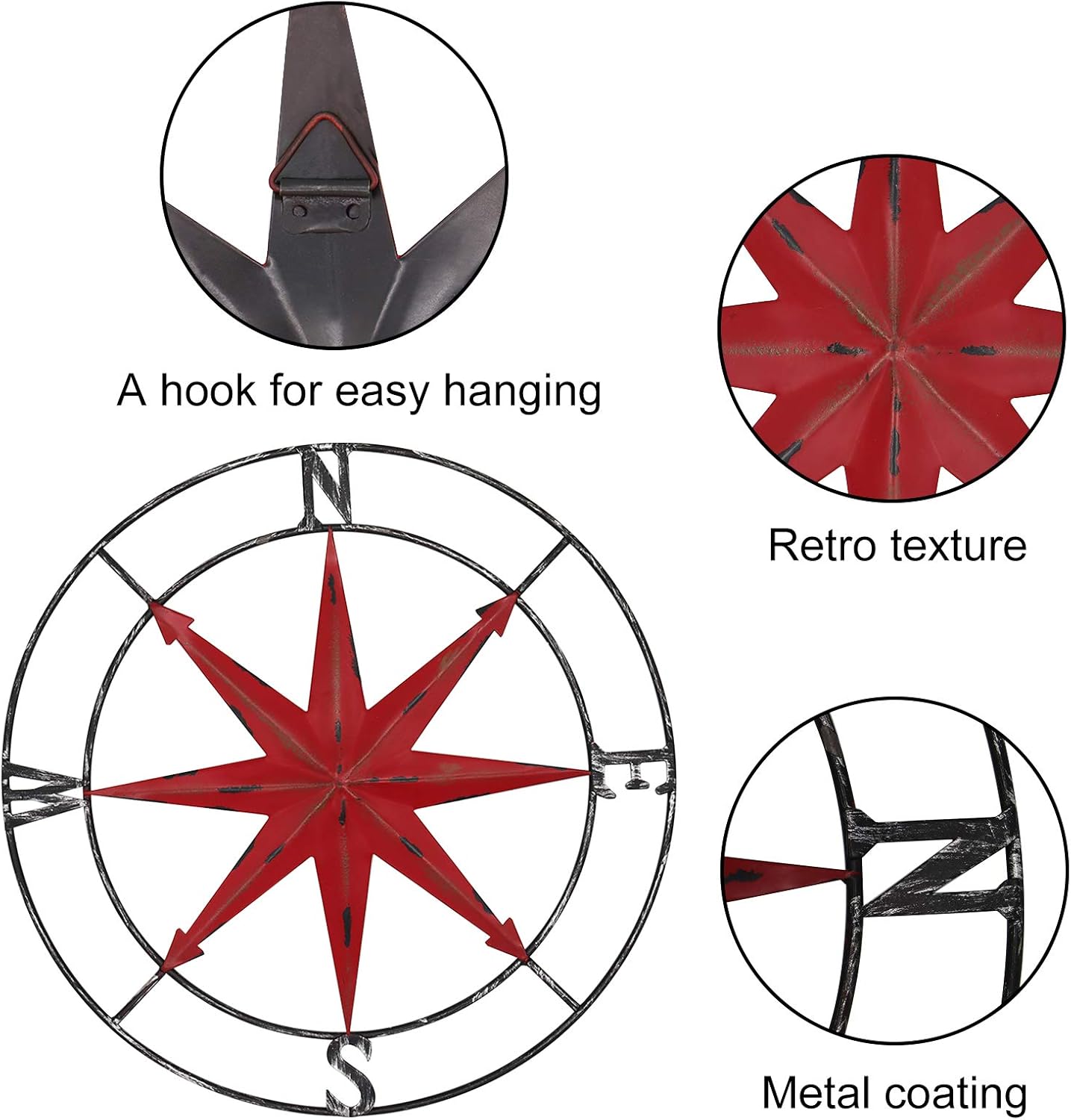 aboxoo Round Metal Compass Decorative Compass Metal Wall Art Hanging Wall Sculpture 22.8 Inch Diameter Farmhouse Decor Indoor or Outdoor Sign
