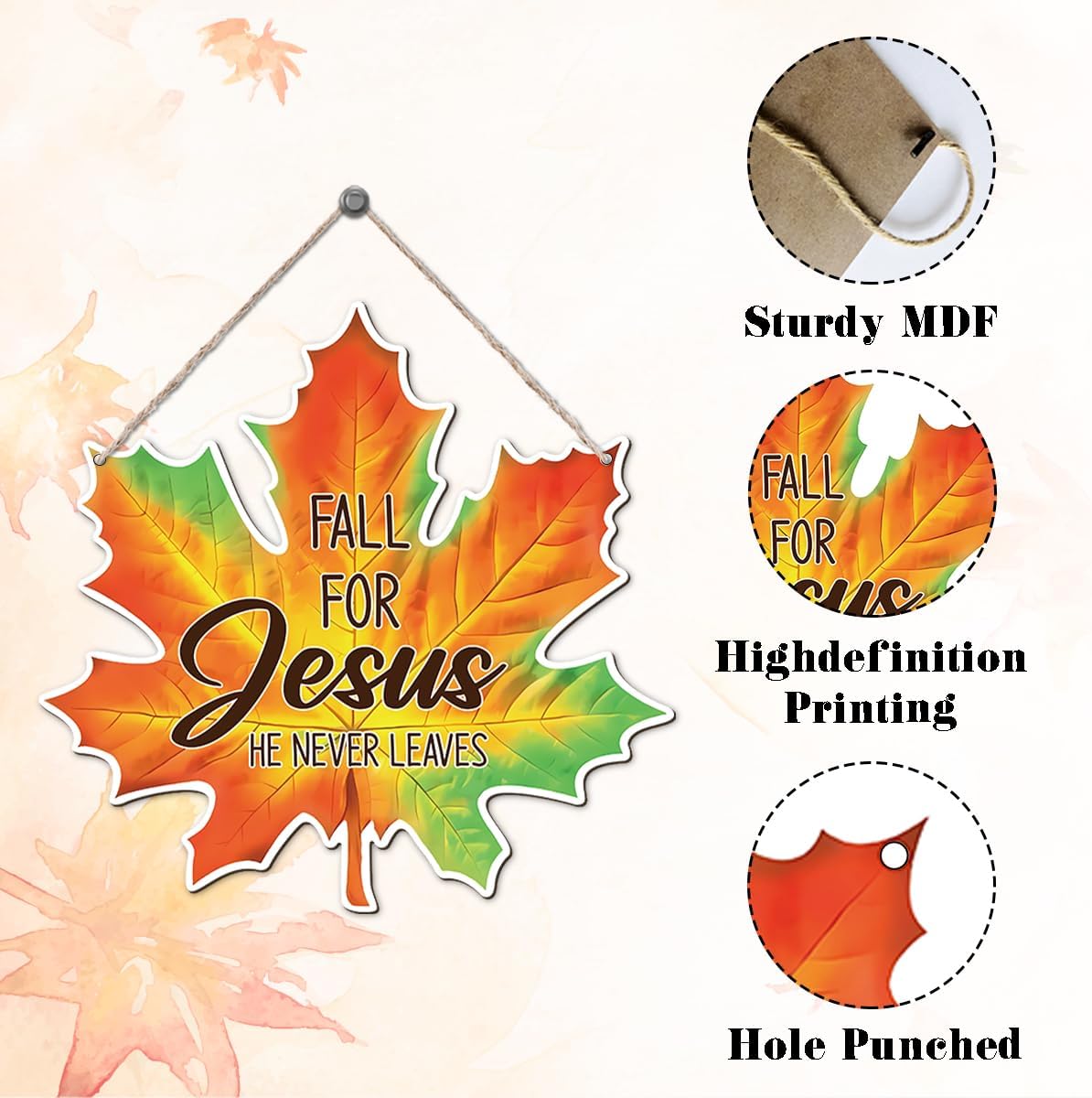 Maple Leaf Fall Decor, Fall for Jesus He Never Leaves Decor Sign Farmhouse Autumn Wreaths for Front Door Christian Jesus Hanger Sign Home Wall Autumn Halloween Thanksgiving Decoration