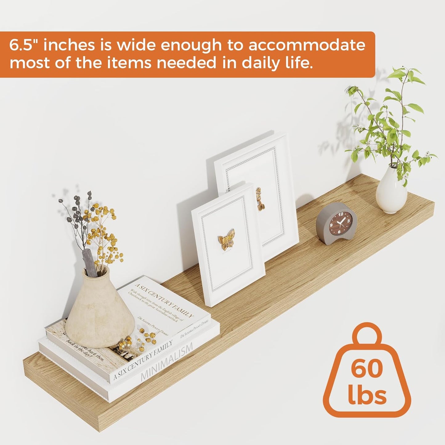 Fun Memories Floating Shelves for Wall, 32" Rustic Wood Deep Wall Mounted Shelves with Invisible Brackets for Decor & Storage, Floating Shelf for Living Room, Bathroom (Oak, Set of 2)