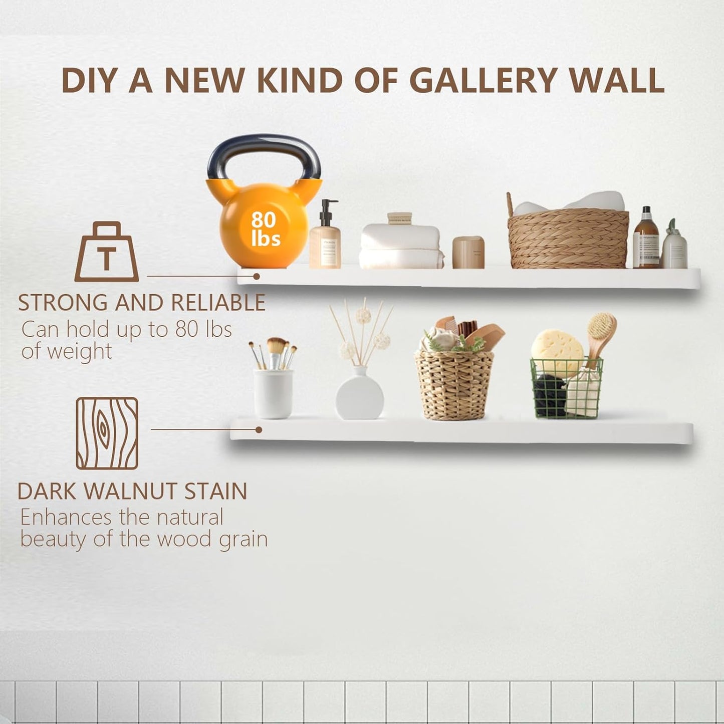 Solid Wood Floating Shelves Set of 2 - Natural, Warp & Crack Resistant 17.72 Inch Wall Shelf with Invisible Brackets Thicker, More Durable for Bathroom, Bedroom, Kitchen, Living Room (White, 17.72)