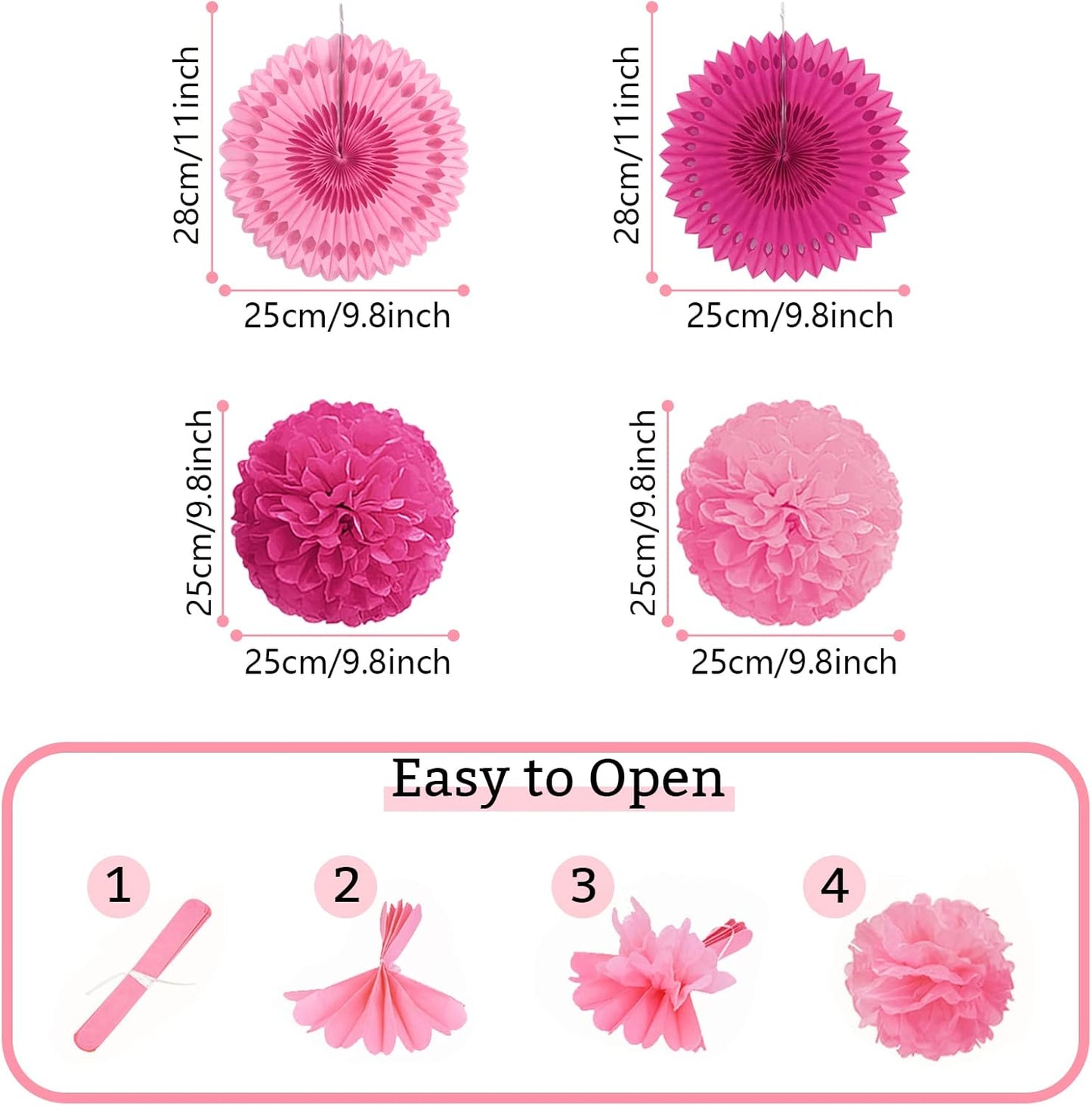 Party Decorations, Pink Papar Fans Pompoms Garlands for Women Girls Mothers Day Bachelorette Wedding Birthday Baby Showers Valentine's Day Party Decorations