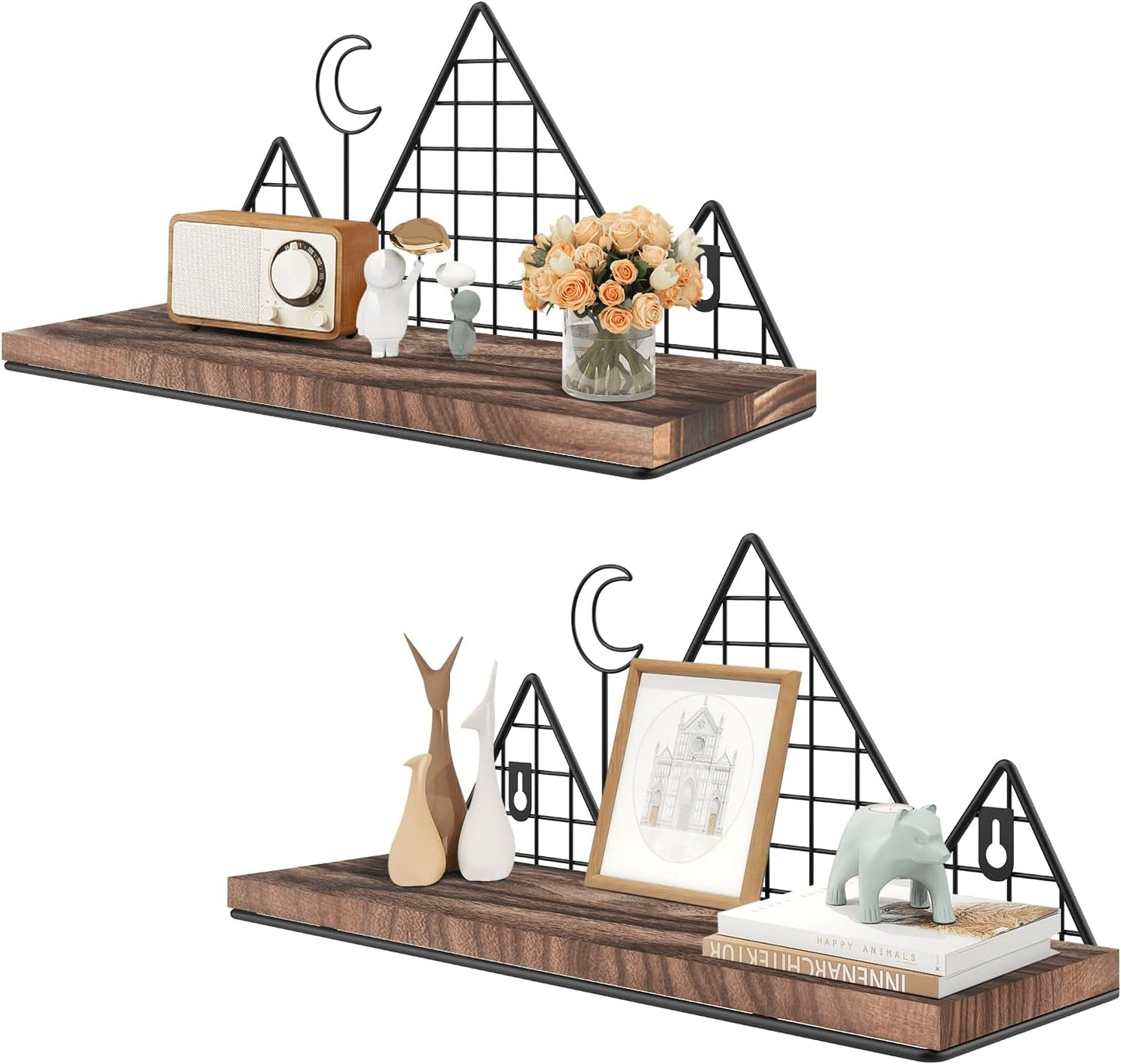 Homode Floating Shelves, Set of 2 Mountain Wall Shelves, Rustic Wood Display Storage Shelf with Metal Wire, Geometric Decor for Bathroom, Nursery, Bedroom, Office, Brown and Black