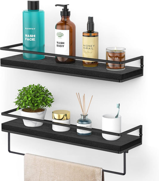 Meangood Floating Shelves Wall Mounted Set of 2, Wall Shelf with Towel Bar Rustic Wood Wall Storage Shelves for Bedroom,Living Room,Bathroom, Kitchen Black