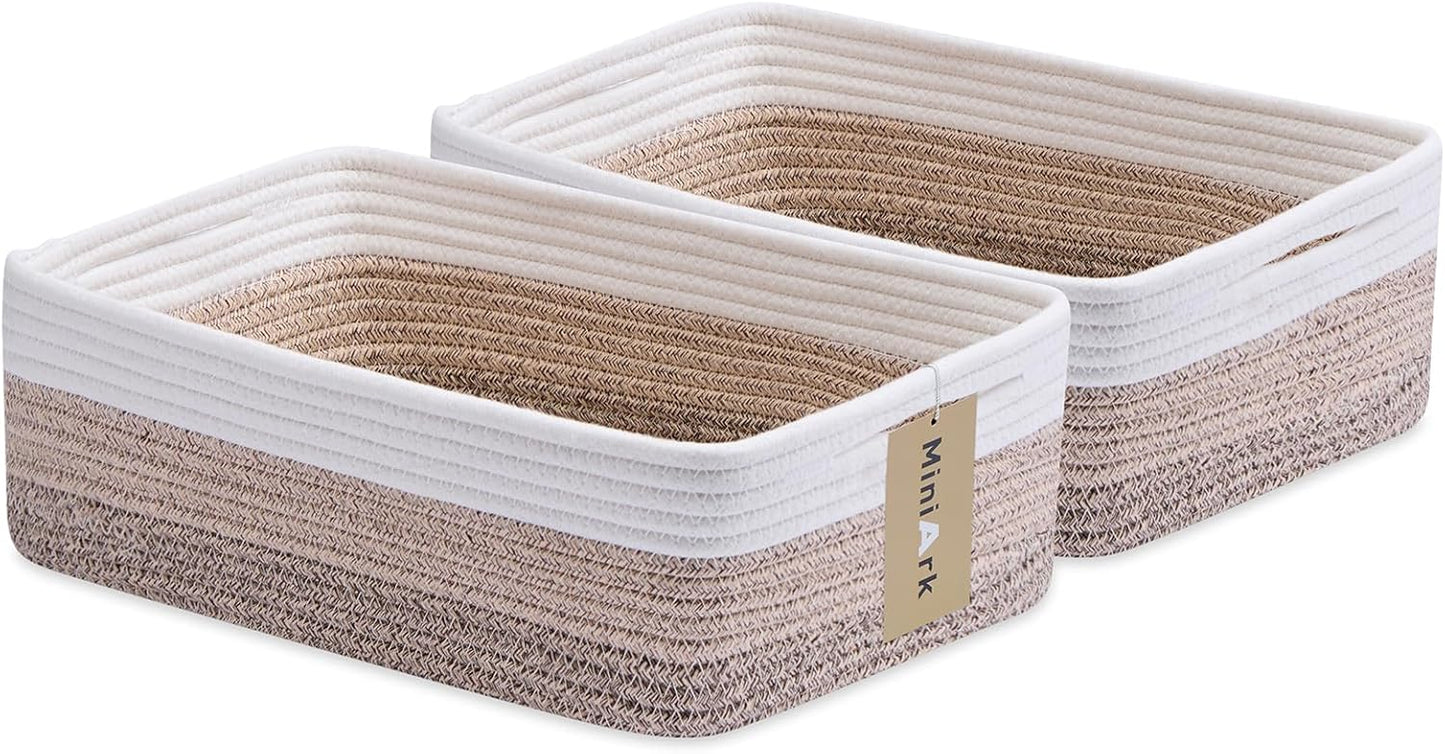 Large Shallow Organizing Baskets 15x11x5.1 Inches - Rope Woven Storage Bins for Bathroom, Shelves, Cube Closet, Gradient Brown 2 Packs