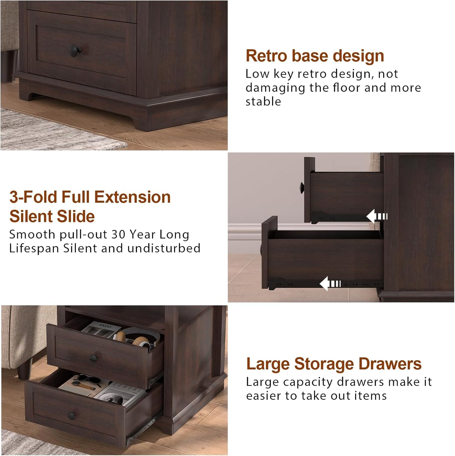 HIFYOBRO Large End Table Set of 2, 2 Drawers and Charging Station, Type-C & USB Port & Power outlets, Wooden End Table, Side Table with Storage for Living Room and Bedroom (Espresso)