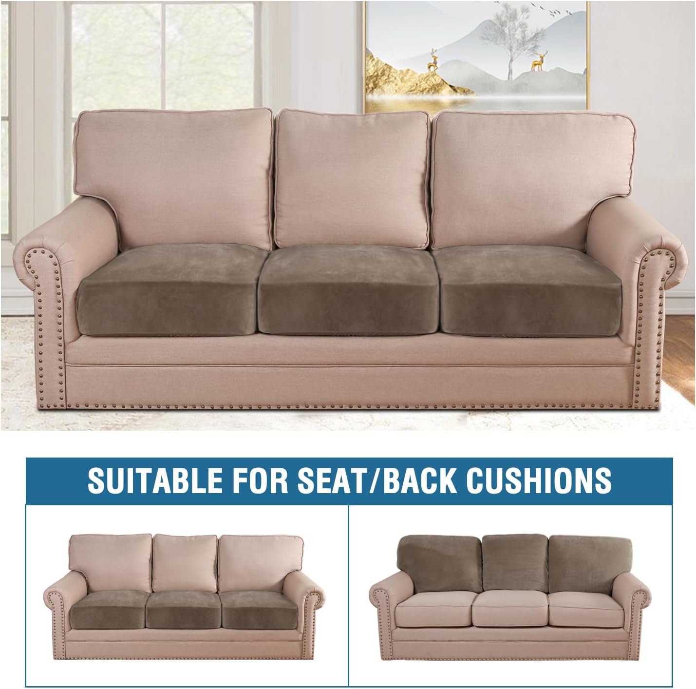 H.VERSAILTEX Velvet Stretch Couch Cushion Cover Plush Cushion Slipcover for Chair Loveseat Sofa Cushion Furniture Protector Seat Cushion Sofa Cover (3 Piece Sofa Cushion Covers, Mocha)