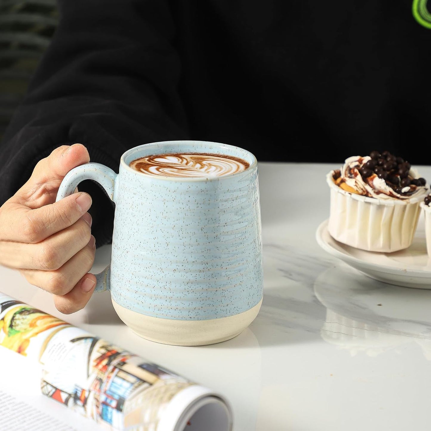 Hasense Porcelain Coffee Mugs Set of 6, 15 Ounce Large Ceramic Coffee Cups Set with Handle for Latte, Tea, Cocoa and Hot Chocolate, Sky Blue Coffee Mugs for Men and Women, Microwave Safe