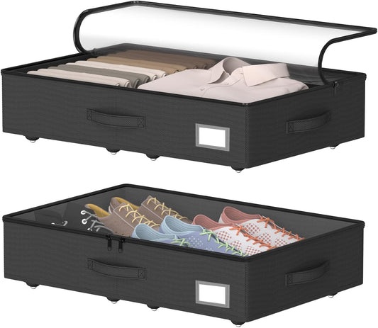 Underbed Storage With Wheels, No Assembly Required - 5.5 Inch Height Black Underbed Bins, Low Profile Rolling Shoe Storage Containers for Dorm