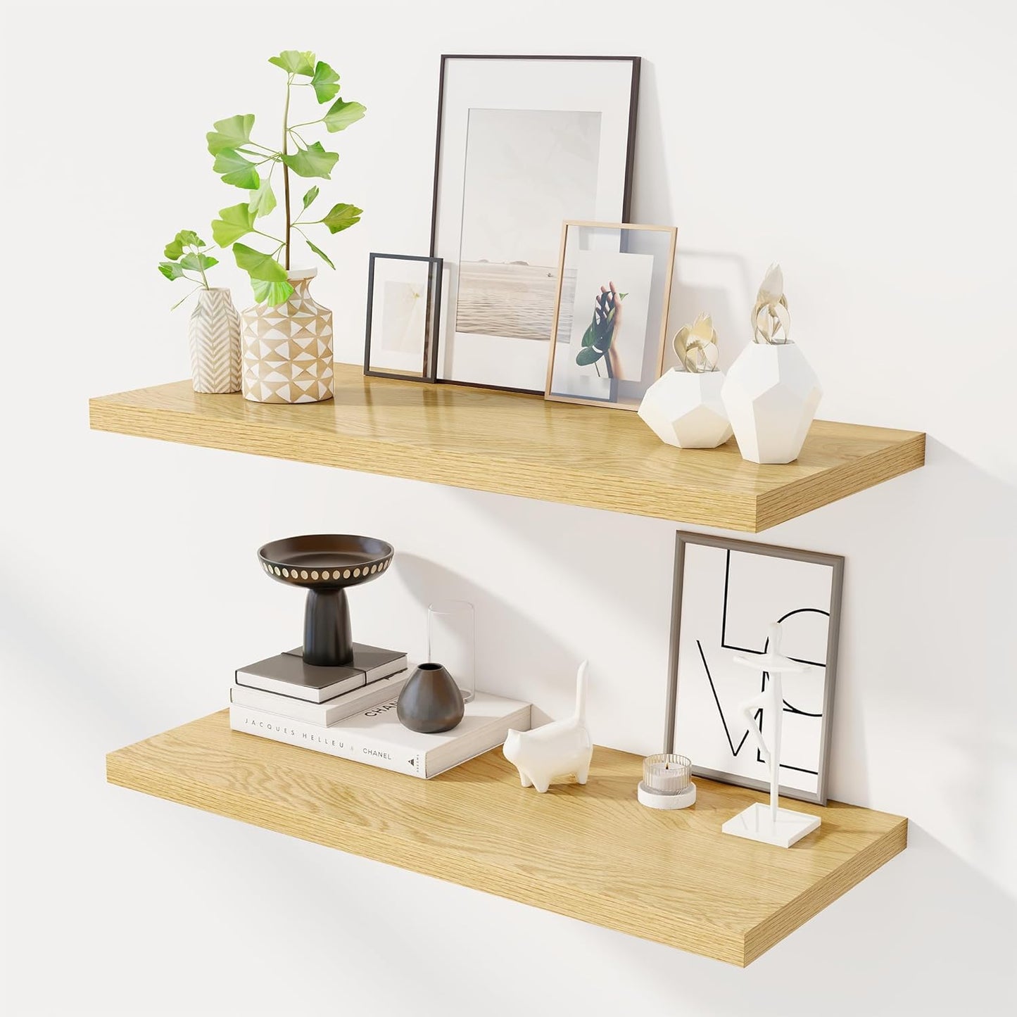 32" Floating Shelves for Wall, 12" Deep Slim Oak Floating Shelves, Wall-Mounted Shelves for Bedroom, Living Room, Kitchen, Bathroom - Set of 2