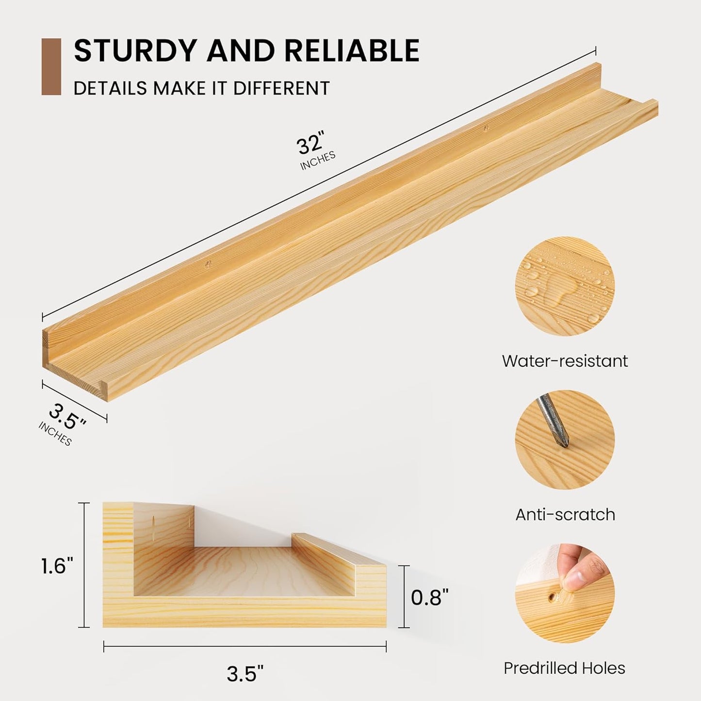 Picture Ledge Shelf, Solid Pine Wood Floating Shelves Set of 2, 32 Inches Nursery Book Shelves for Toys Storage, Kids Bookshelf Wall Mounted for Living Room Bedroom Decor Books Photo Frames, Natural