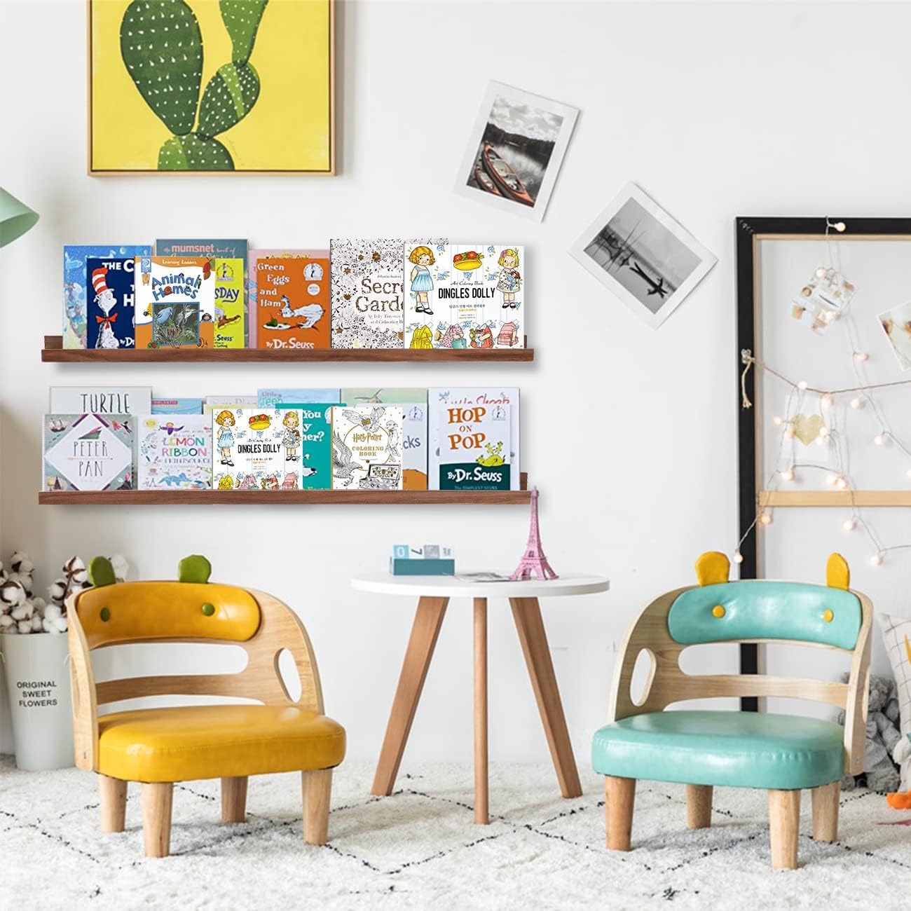 AZSKY 48 Inch Floating Wall Ledge Bookshelf Light Walnut Kids Book Toys Trophy and Family Picture Photo Frames Display Shelves Wall Mounted a Set of 2