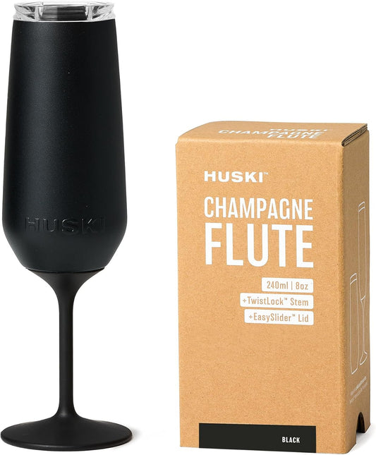 Huski Champagne Flute | NEW | Award-winning Design with Detachable Stem | Premium Stainless Steel Champagne Glass with Lid | Triple Insulated Tumbler | 8oz Capacity | Great Gift (Black)