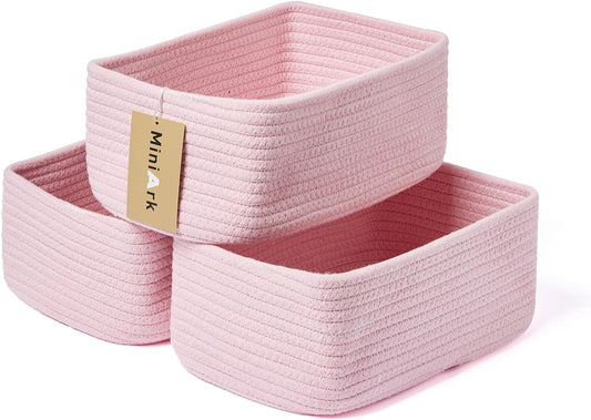 Small Storage Baskets for Organizing | Closet Organizer Bins | Shelf Toy Basket | Woven Rope Baskets | Cube Decorative Box | Shallow Basket | 11.5x7.5x4.7” | 3 Packs Pink
