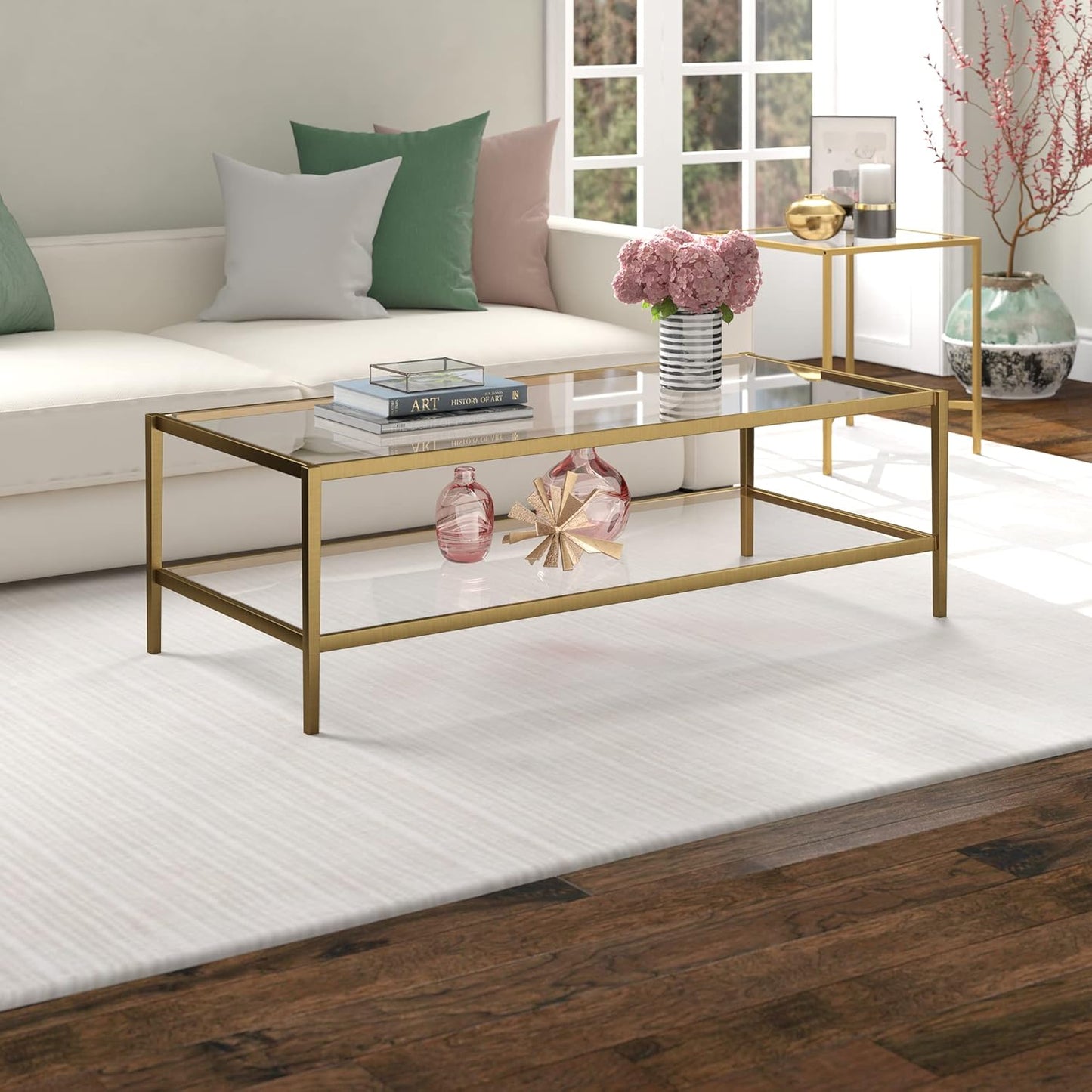 Henn&Hart 54" Wide Rectangular Coffee Table with Glass Shelf in Antique Brass, Modern coffee tables for living room, studio apartment essentials