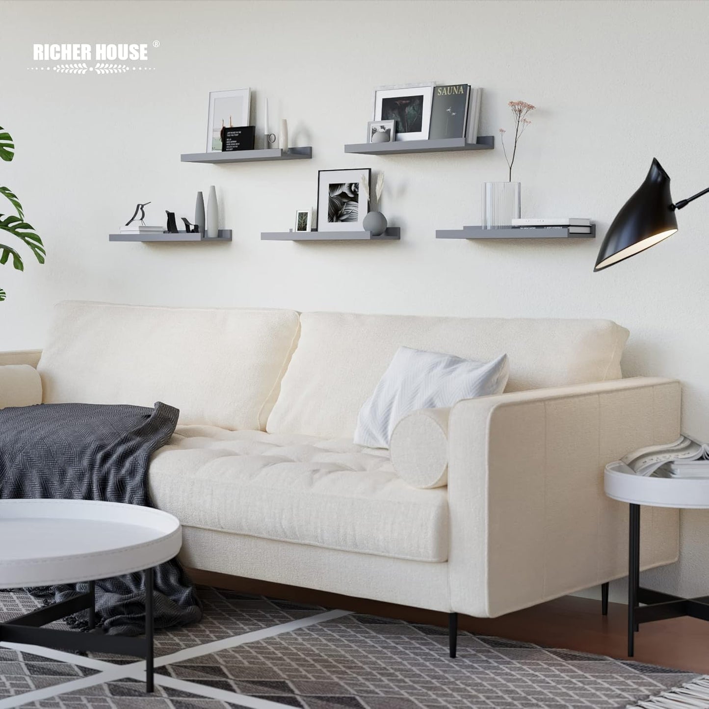 RICHER HOUSE Mounted Shelves for Wall Decor, Modern Picture Ledge Shelf with Lip for Wall Storage Nursery, Bedroom, Living Room, Bathroom - Grey