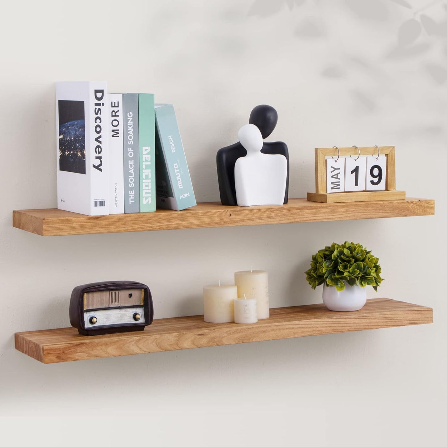 Axeman Floating Shelves for Wall, 8 Inch Deep Rustic Solid Elm Wood Wall Shelves for Storage, Wall Mounted Display Shelving with Invisible Heavy-Duty Metal Bracket, 36'' Width Set of 2, Natural
