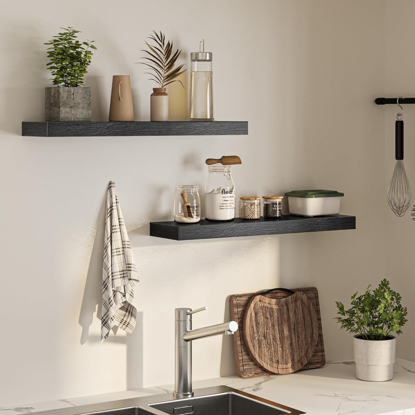 Floating Shelves for Wall, 31.5" W x 6.7" D x 1.5" H, Wooden Wall Mounted Display Shelves with Invisible Brackets for Living Room, Bedroom, Bathroom, Kitchen Decor and Storage, Set of 2, Black
