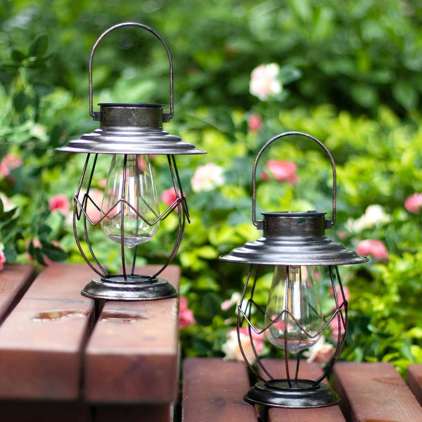 2 Pack Solar Lanterns Outdoor Hanging Solar Lights Decoration with Waterproof Warm Light Bulb for Patio Garden Pathway Yard Table Decor