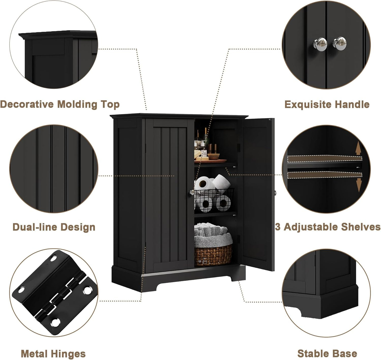 ChooChoo Bathroom Floor Cabinet, Modern Bathroom Storage Cabinet with 2 Doors and Adjustable Shelves, Freestanding Cupboard for Living Room, Black