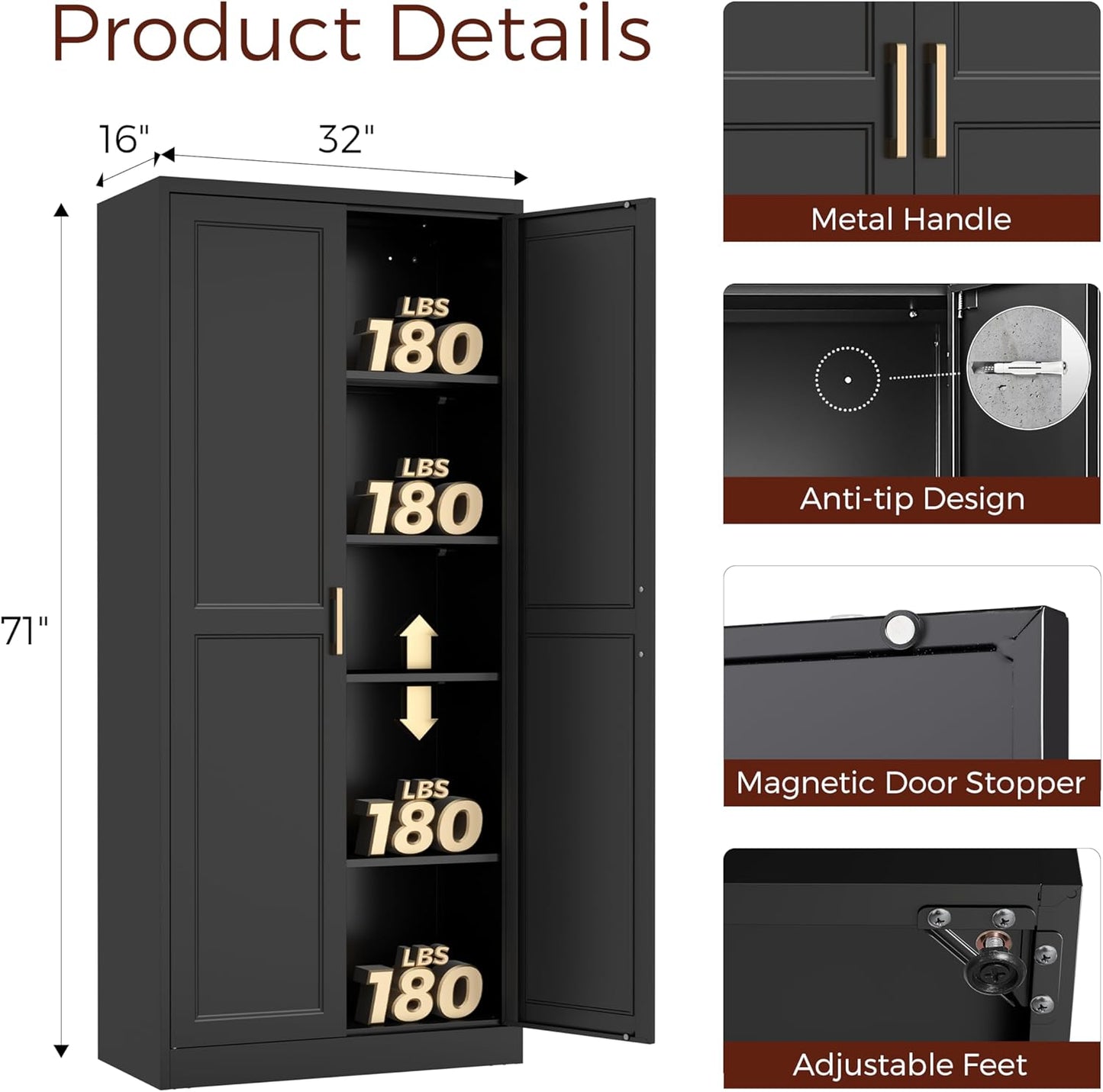 71" Tall Metal Pantry Cabinet, Black Kitchen Pantry Storage Cabinet with 4 Adjustable Shelves and Gold Handles, Cupboard for Kitchen, Dining Room, Living Room, Bathroom